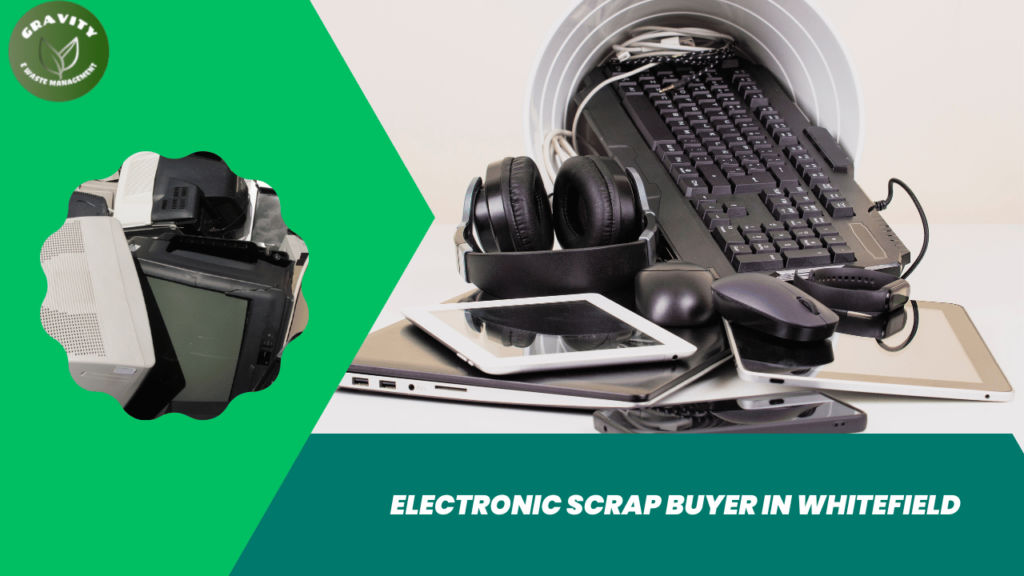 Gravity E-Waste Management, an electronic scrap buyer in Whitefield, displaying collected IT assets like keyboards, headphones, tablets, laptops, and older computer monitors for recycling