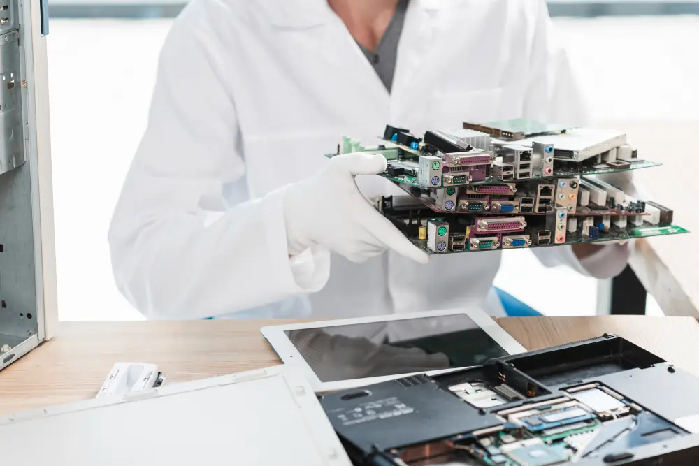 E Waste Buyers Calicut in Kerala 1 A computer repair technician or e-waste specialist wearing a white lab coat and protective gloves holds a stack of desktop motherboards and circuit boards above a workbench with dismantled hardware
