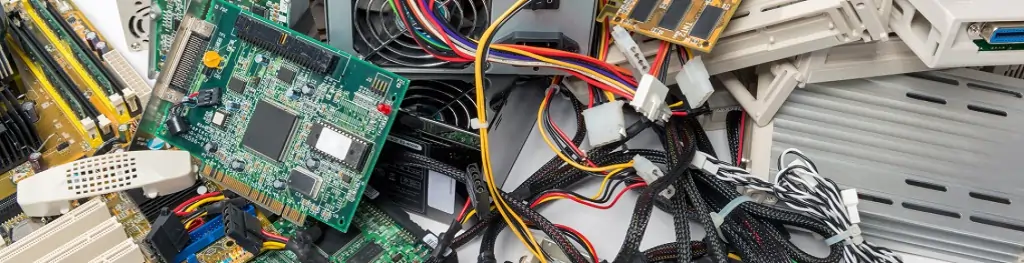 Revolutionizing Sustainability: Wastematerial - Your Premier Electronic Scrap Buyers 7 Assorted electronic scrap including green circuit boards, computer power supply units, and internal wiring harnesses