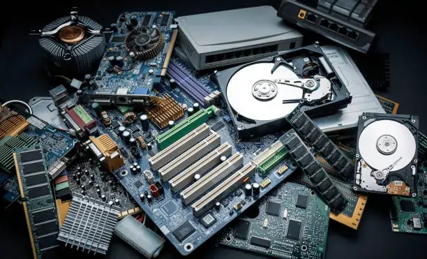 Best E-Waste Management in India – A Smarter Future with Wastematerial.in 9 A pile of dismantled electronic components including computer motherboards, RAM sticks, open hard drives, heat sinks, and network routers gathered for e-waste scrap recycling.