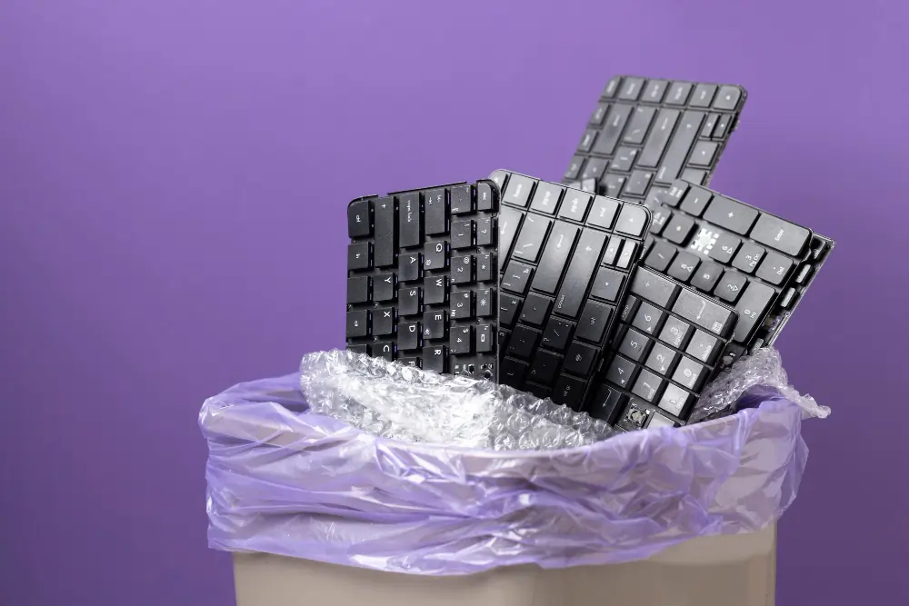 E Waste Buyers Kochi in Kerala 12 Several broken black laptop keyboards and keypads piled inside a trash bin lined with bubble wrap for safe corporate e-waste recycling collection.