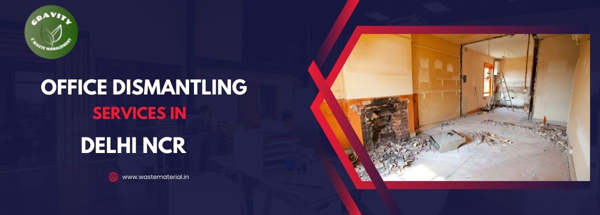 Gravity E-Waste Management banner for office dismantling services in Delhi NCR showing a commercial space stripped down to shell condition